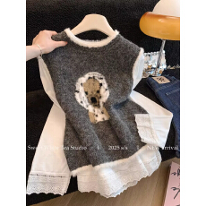 批发官图！韩版蕾丝花边长袖打底衫叠穿针织马甲两件套女上衣