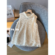 批发千金感浪漫飘带蕾丝刺绣钩花小衫上衣女夏<b class='q'>双层</b>无袖网纱<b class='q'>背心</b>