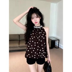 批发气质钉珠波点无袖上衣女夏法式小众<b class='q'>雪纺衫</b>纯欲性感绝美背心