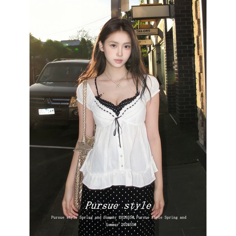 경관 그림 도자기 언어 없음 흔적 화이트 프랑스식 여성 셔츠 여름 섹션 거품 소매 셔츠 작은 셔츠 V넥 캐주얼 맨위