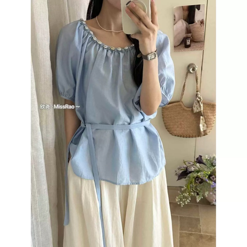 경관 그림 출퇴근 루즈핏 풀오버 반팔 셔츠 여성 셔츠 짜임 레이스 여름 거품 소매 작은 셔츠 여성 경기 리본