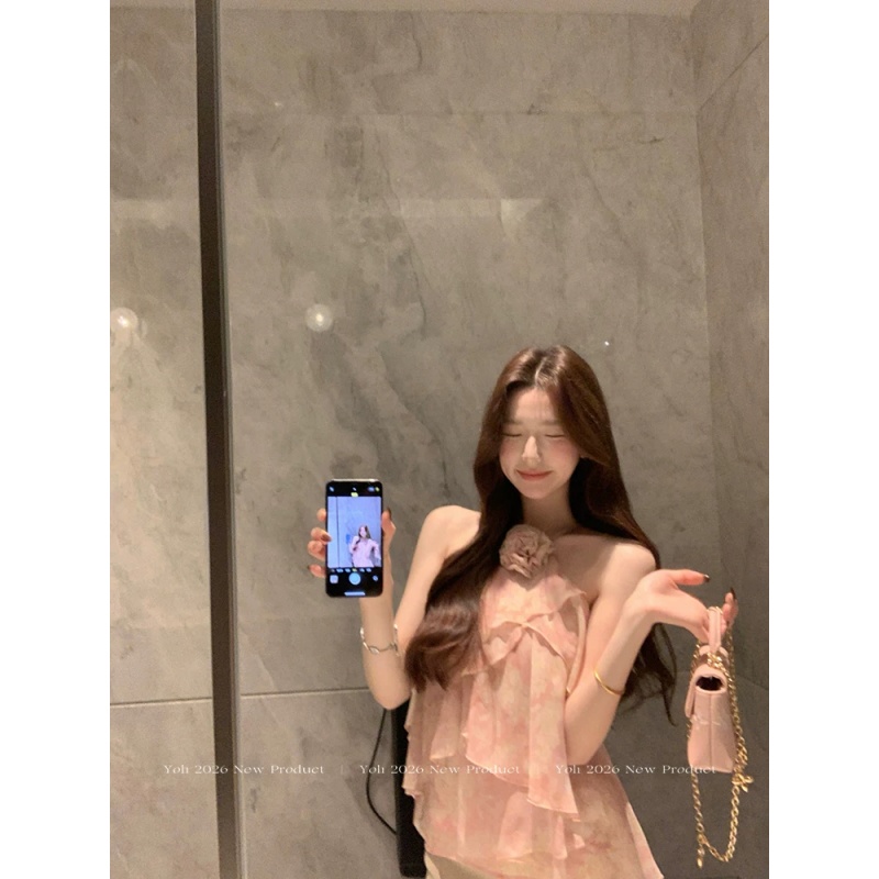 경관 그림 꽃 객실 술에 취한 달 핑크색 행침 목 조끼 슬립 여성 여름 3 차원 꽃 슬림해 보이는 오프숄더 맨위
