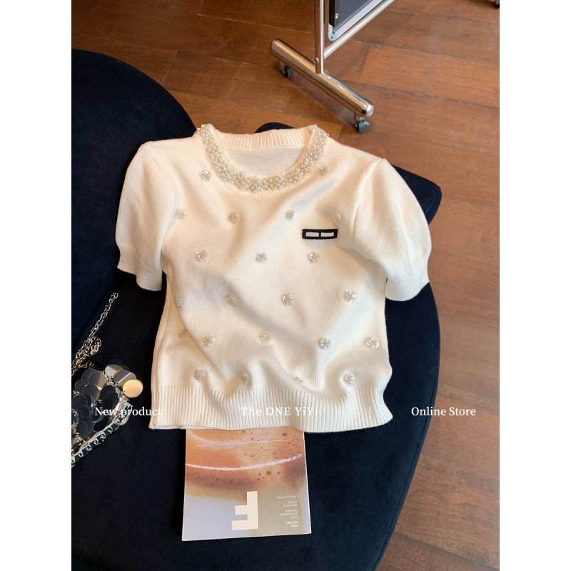 경관 그림 화이트 작은 샤넬 스타일 비즈 박기 꽃 반팔 스웨터 여자 2026 여름 달콤함 연령 감소 품격 니트 맨위