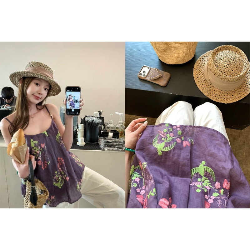 경관 그림 안개 염색 꽃 와일드 자수 민소매 슬립 맨위 비즈 핀치 Pleat 한 마디 루즈핏 한 부서 작은 셔츠 여름 26