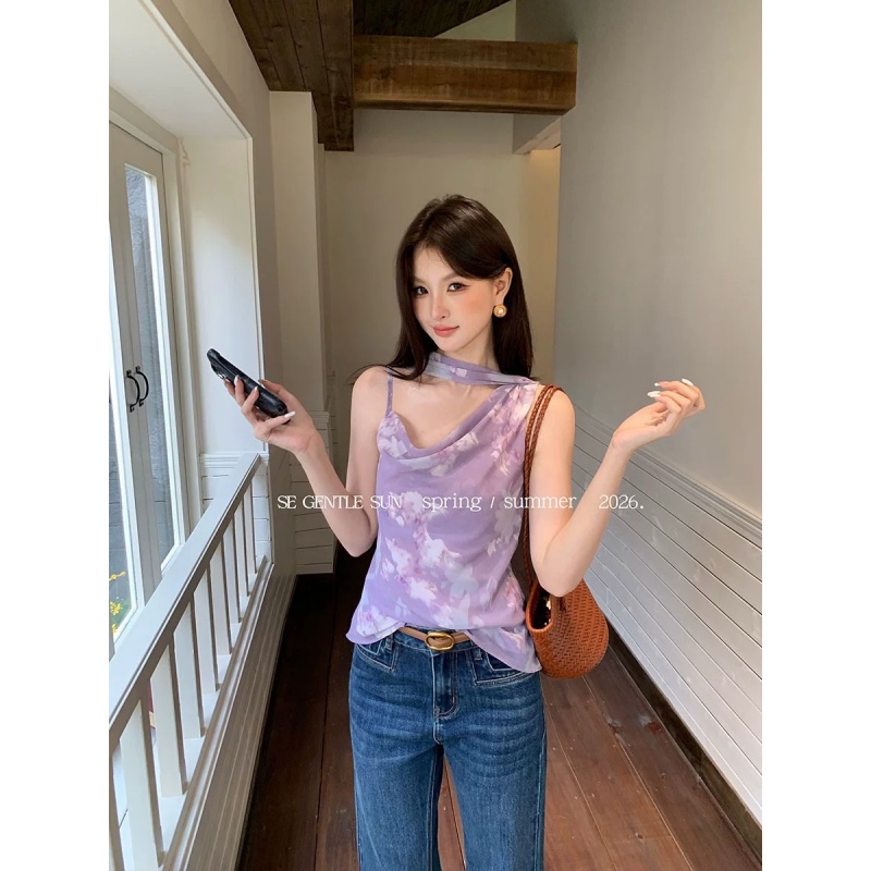 경관 그림 디자인 센스 행침 목 리본 작은 셔츠 여성 품격 흔들다 칼라 민소매 캐미솔