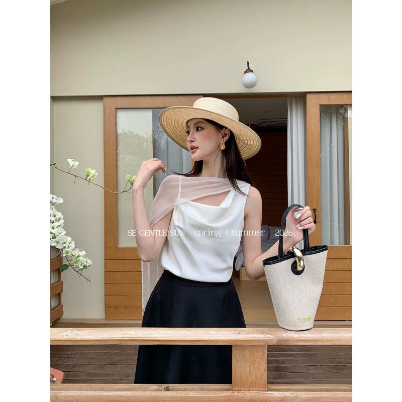 경관 그림 작은 대중 디자인 센스 흔들다 칼라 목도리 리본 단색 만나는 캐미솔