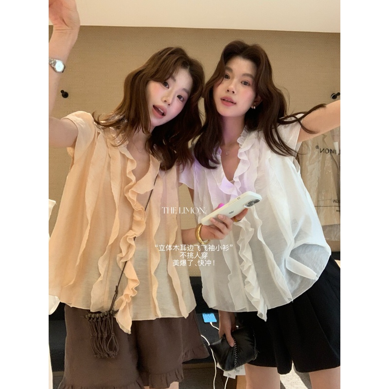 경관 그림 프랑스식 사소한 V넥 연꽃 잎 프릴 반팔 여성 셔츠 아모이 고유 한 아름다운 그레이트 봐. 의류