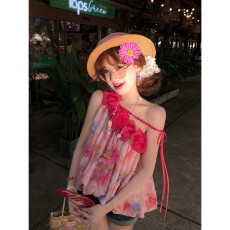 批发官图！“甜莓朵朵”花边领斜肩碎花吊带上衣女夏