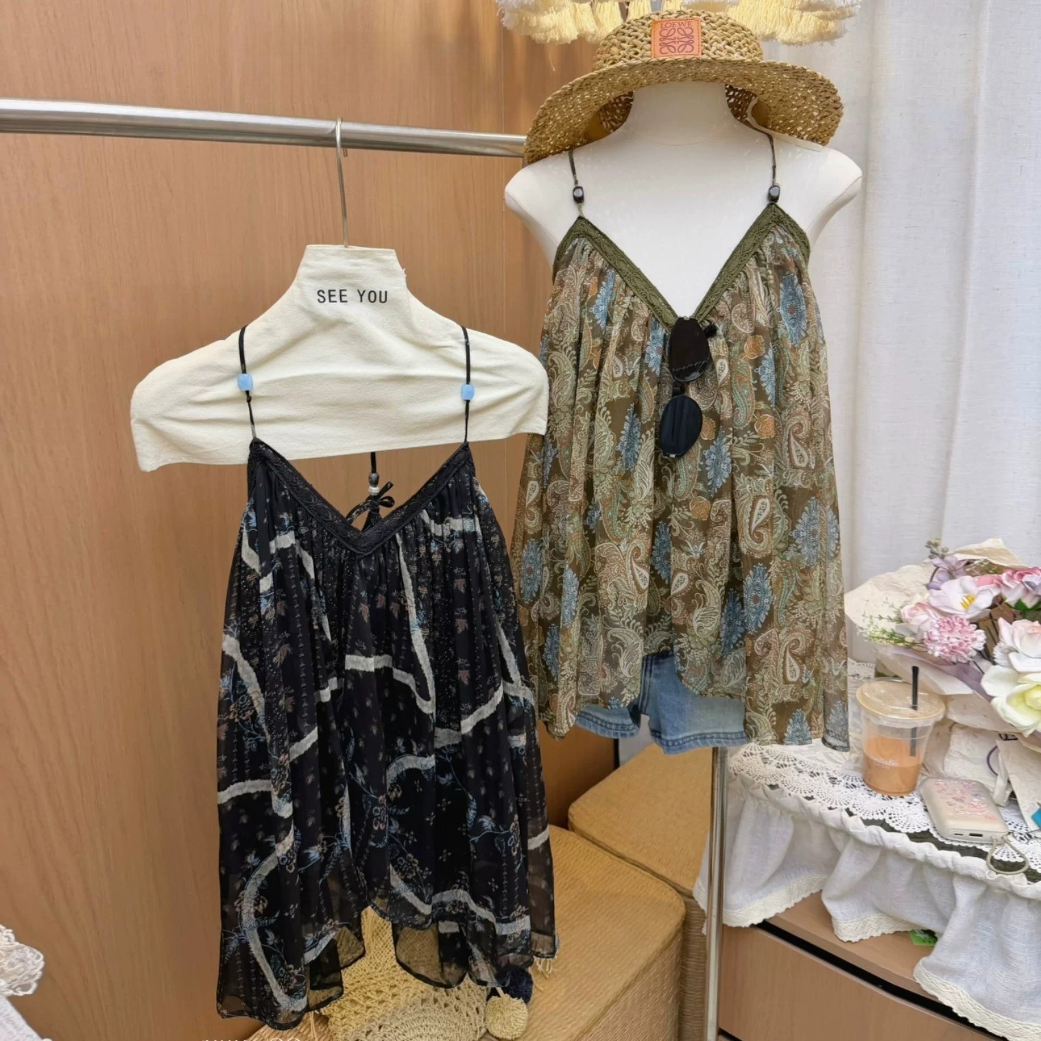 경관 그림 여름 휴가 바람 보헤미안 프린트 행침 목 비즈 백리스 캐미솔 여성 셔츠
