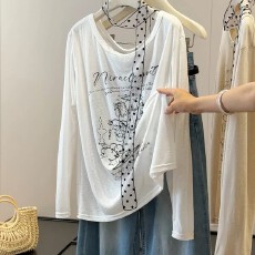 批发韩系时尚圆领印花<b class='q'>长袖</b>T恤休闲宽松露肩防晒罩衫减龄上衣