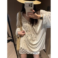 批发丘比特复古印花<b class='q'>长袖</b>T恤女夏松弛感宽松慵懒薄款防晒罩衫