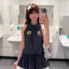 批发美式复古少女抽绳荷叶边格纹无袖<b class='q'>衬衫</b>女收腰显瘦上衣夏
