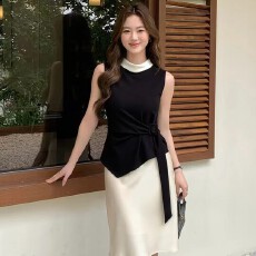 批发官图！新款气质高级感缎面撞色显瘦收腰背心女设计感不规则上衣