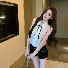 批发官图!甜美风木耳花边无袖衬衫女高级感撞色修身上衣