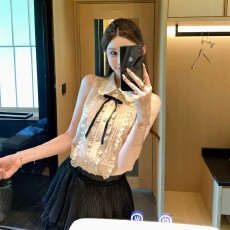 批发官图!甜美风木耳花边无袖衬衫女高级感撞色修身上衣