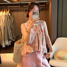 批发官图!法式碎花飘带V领衬衫夏季新款欧货女装洋气娃娃衫潮