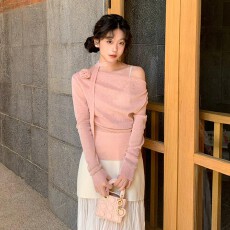 批发氧气防晒 气质一字领褶皱收腰薄款<b class='q'>长袖</b>针织衫女闪闪斜肩