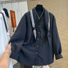 批发官图！设计感小众丝巾V领衬衫单排扣宽松上衣女2025早秋款纯色