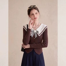 批发官图！2026秋学院风海军领蝴蝶结针织衫女咖色长袖百搭外穿毛衣