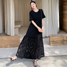 批发实拍 2026夏新款/小众设计拼接下摆蕾丝显瘦小黑裙长款<b class='q'>连衣裙</b>