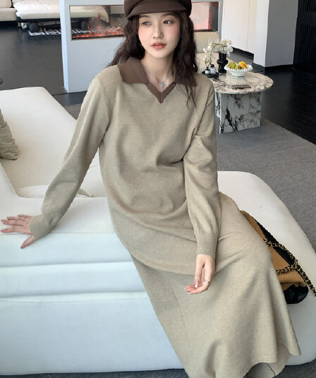 실사 새로운 2026 얕은 커피 색상 느긋한 폴로 칼라 스웨터 원피스 인사이드 가져 가라. 수 있습니다. 외출용 니트 원피스