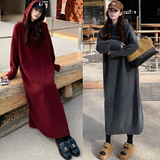 批发<b class='q'>实拍</b>新款 2025冬季慵懒风连帽净版毛衣裙女过膝长款连衣裙