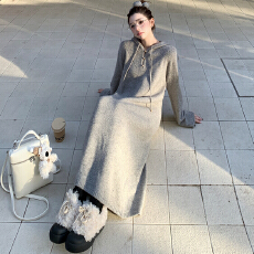 批发实拍新款 2025<b class='q'>冬</b>季休闲连帽针织连衣裙慵懒长袖直筒显瘦长裙