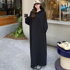 批发实拍新款 2025秋冬黑色宽松显瘦<b class='q'>卫衣</b>裙女巫帽加绒加厚超长裙