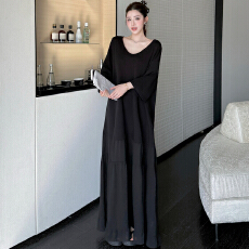 批发实拍新款 2026<b class='q'>夏</b>季拼接V领长裙 宽松短袖百搭气质慵懒连衣裙