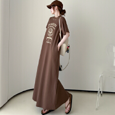 批发实拍新款 2026<b class='q'>夏</b>季时尚长款印花连衣裙女宽松短袖过膝T恤裙