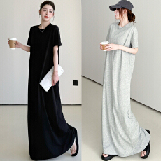 批发实拍新款 2026简约慵懒时尚感短袖连衣裙女宽松显瘦长款过膝T恤裙