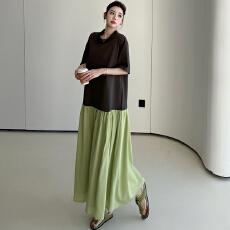 批发实拍新款  2026夏季日系复古绿色拼接T恤<b class='q'>连衣裙</b>宽松撞色裙子