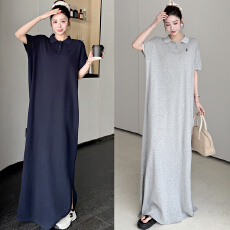 批发实拍新款 2026夏季极简风长款开叉polo领连衣裙直筒休闲<b class='q'>T</b><b class='q'>恤</b>裙