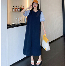 批发实拍新款 2026夏季拼接假两件连衣裙泡泡袖休闲宽松显瘦长裙