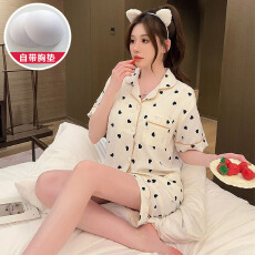 批发俏得美1批夏季云朵棉带胸垫加肥<b class='q'>加大码</b>翻领短袖睡衣女套装
