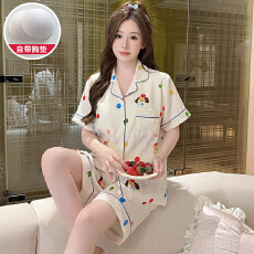 批发俏得美1批夏季云朵棉带胸垫加肥<b class='q'>加大码</b>翻领短袖睡衣女套装