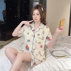 批发俏得美1批夏季云朵棉带胸垫加肥<b class='q'>加大码</b>翻领短袖睡衣女套装