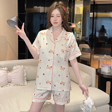 批发俏得美1批夏季云朵棉带胸垫加肥<b class='q'>加大码</b>翻领短袖睡衣女套装