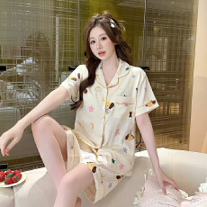 批发俏得美1批夏季云朵棉带胸垫加肥<b class='q'>加大码</b>翻领短袖睡衣女套装