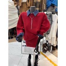 批发韩版慵懒风<b class='q'>牛仔</b>拼接领毛衣加短裙时尚<b class='q'>套装</b>女冬季宽松显瘦洋气百搭