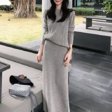 韩系搭配一整套冬装灰色套头毛衣a字半身裙高级感好看两件套