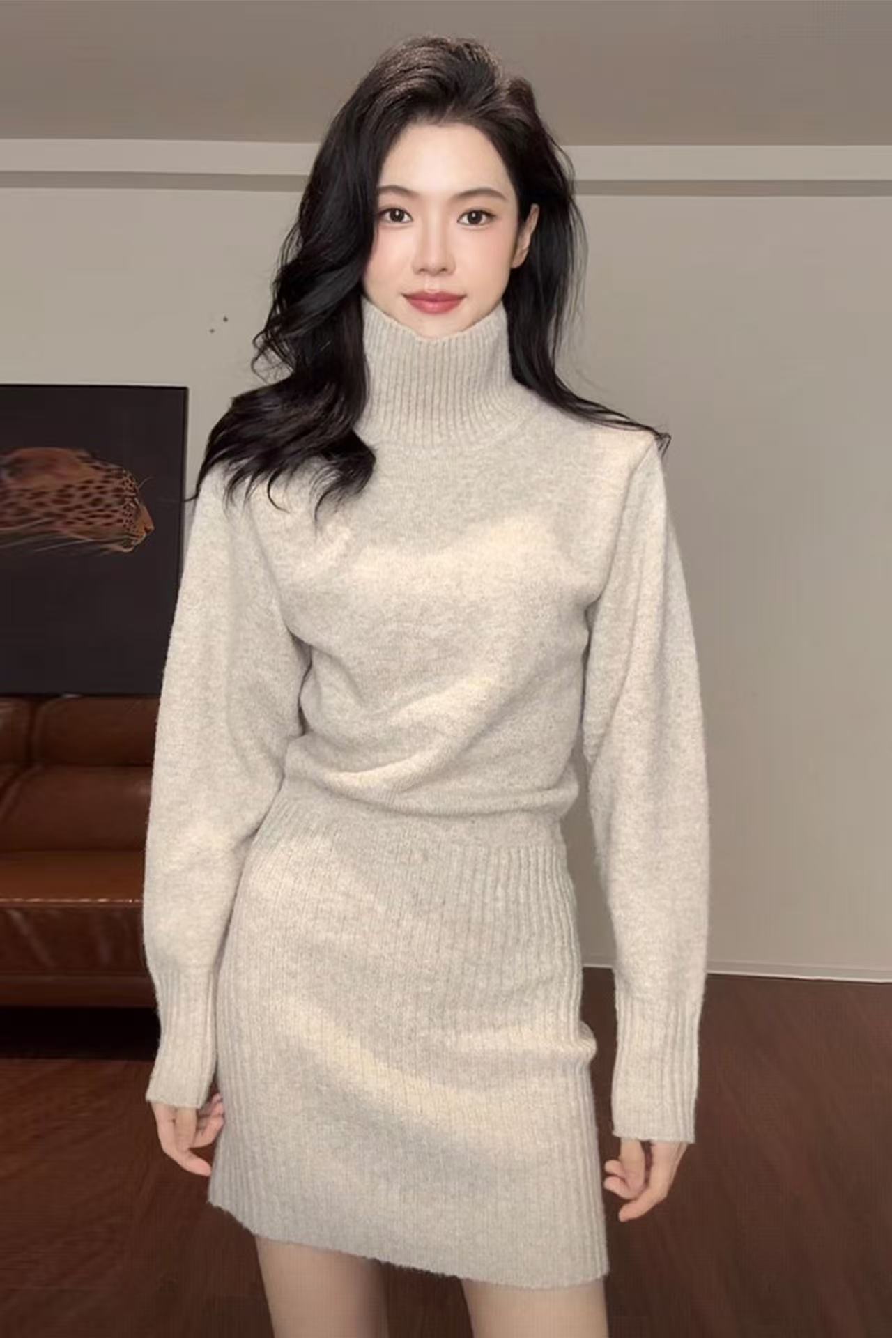 반하이넥 니트 스웨터 드레스 아이들 가을 겨울철 2025 새로운 겨울 경기 코트 인사이드 가져 가라. 만나는 미니 스커트
