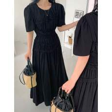 批发2026夏季 <b class='q'>韩国</b>东大门新款时尚<b class='q'>长裙</b> 小黑裙天鹅松紧腰大摆连衣裙