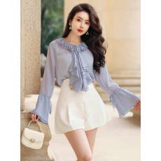 批发2026<b class='q'>韩版</b>法式气质双层荷叶边蛋糕领法式<b class='q'>小衫</b>女夏系带喇叭袖上衣