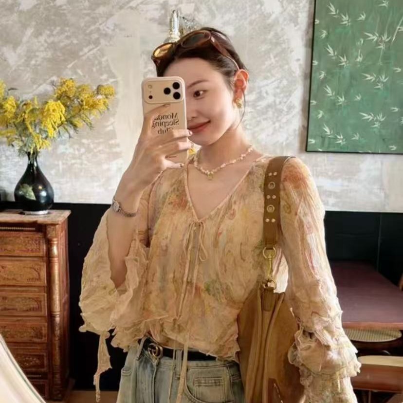 wana try 오즈의 마법사 프린트 나팔 소매 얇은 오픈 가디건 26 봄 신제품 요정 우아한 센스 맨위 여성