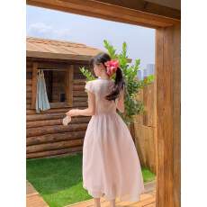 批发2026新夏日韩粉色小众法式甜美设计感欧根纱泡泡袖双层蓬蓬<b class='q'>连衣裙</b>