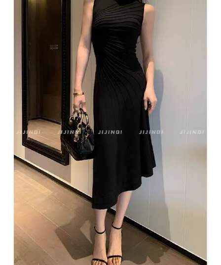 jijinqi 여름 프랑스식 민소매 오프숄더 드레스 허리 수축 슬림해 보이는 품격 디자인 센스 검정색 캐주얼 롱 스커트
