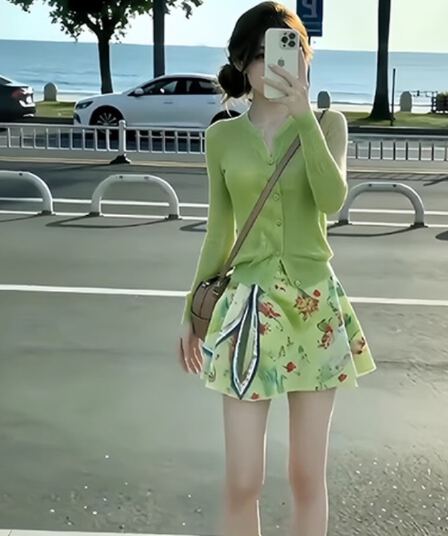 도파민 녹색 라운드 넥 긴팔 니트 오픈 가디건 맨위 여성 봄 꽃무늬 루즈핏 슬림해 보이는 반신 스커트 투피스 세트