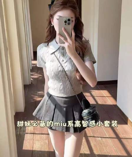 2026 한 부서 높음 지혜 센스 학원 스타일 여름 순수한 욕망 POLO 칼라 니트 반팔 노출 방지 플리츠 스커트 투피스 세트
