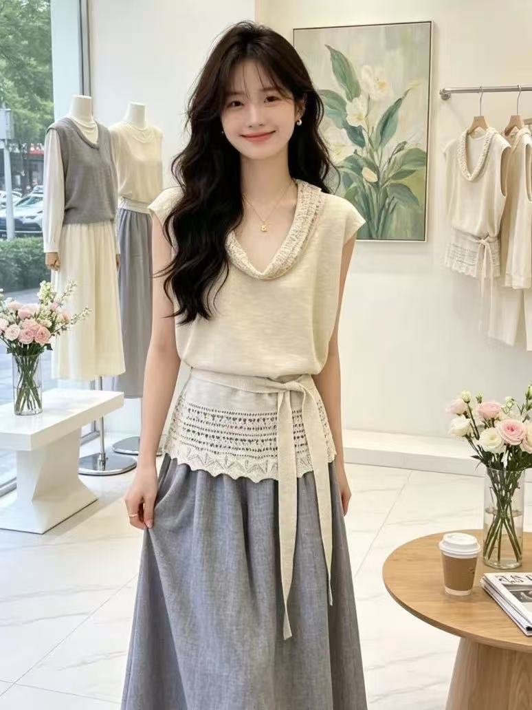 디자인 말뚝 더미 칼라 홀로우 아웃 민소매 니트 베스트 조끼 여성 여름 새로운 한 부서 Chic 홀로우 아웃 허리 수축 맨위